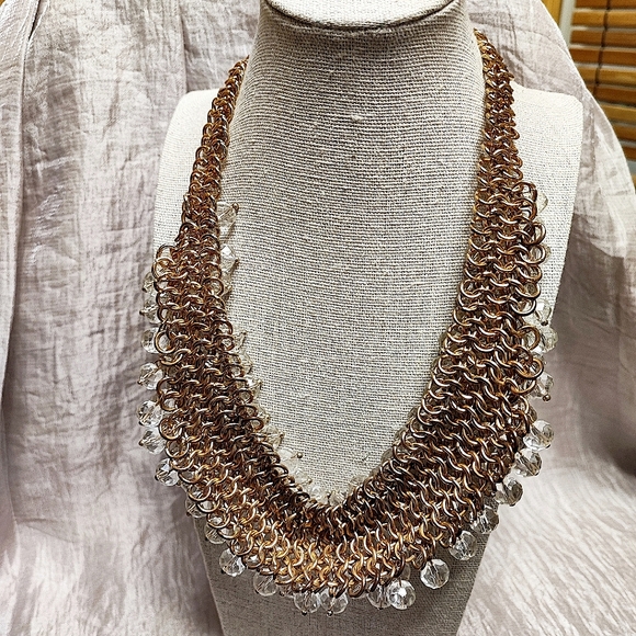 Clear Crystal Glass Faceted Beads Gold Tone Statement Bib Style Necklace - Picture 4 of 14
